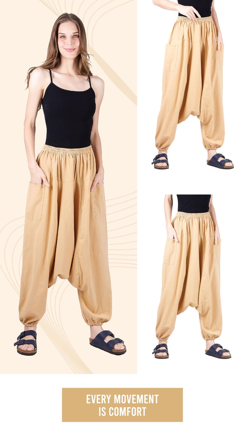 CandyHusky Women Cotton Harem Pants Casual Elastic Waist Boho Pants ComfortSoft - Khaki - Image 4